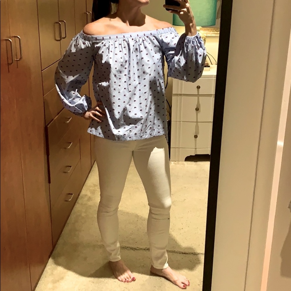 Blue off shoulder top with split back